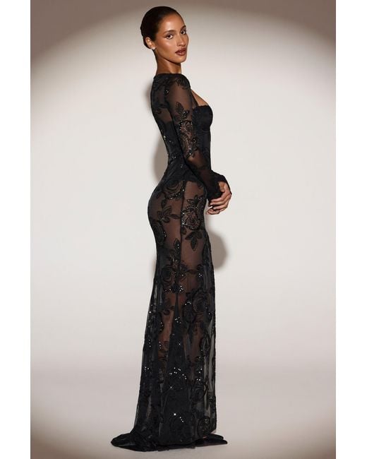 Oh Polly Blue Sheer Embellished Bodysuit Corset Gown Dress
