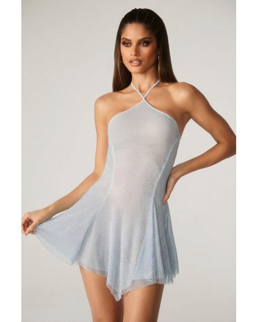 Oh Polly Blue Embellished Lace Up Back Mini Dress