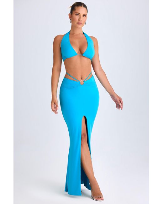 Oh Polly Blue Plunge Hardware-Detail Halterneck Crop Top