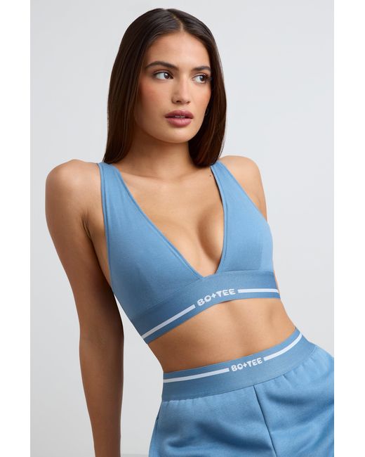 BO+TEE Blue Stretch Cotton Jersey Plunge-Neck Crop Top