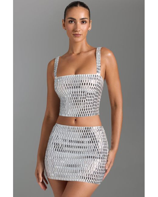 Oh Polly White Embellished Low-Rise Micro Mini Skirt