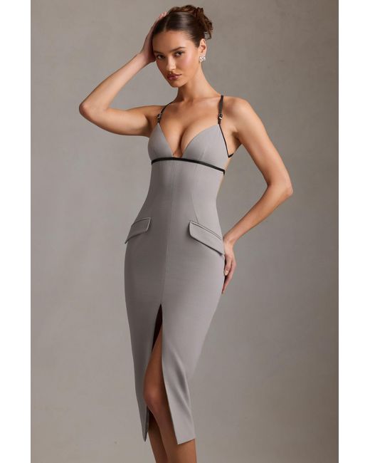Oh Polly Gray Plunge-Neck Backless Midaxi Dress