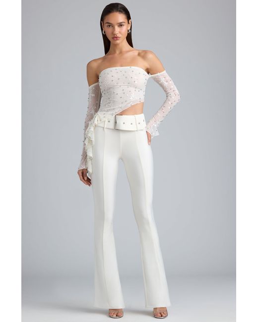 Oh Polly White Metallic Belted Mid-Rise Flared Trousers