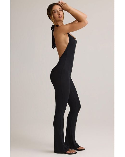Oh Polly Black Modal Ribbed Backless Halterneck Jumpsuit