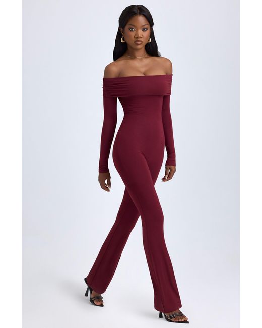 Oh Polly Red Modal Off-Shoulder Ruched Jumpsuit