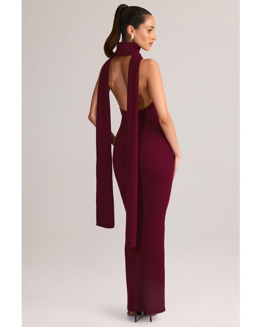 Oh Polly Red Rib-Knit Scarf-Detail Halterneck Maxi Dress