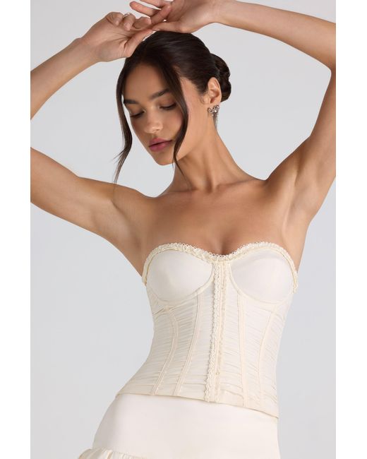 Oh Polly White Ruched Lace-Up Strapless Corset Top