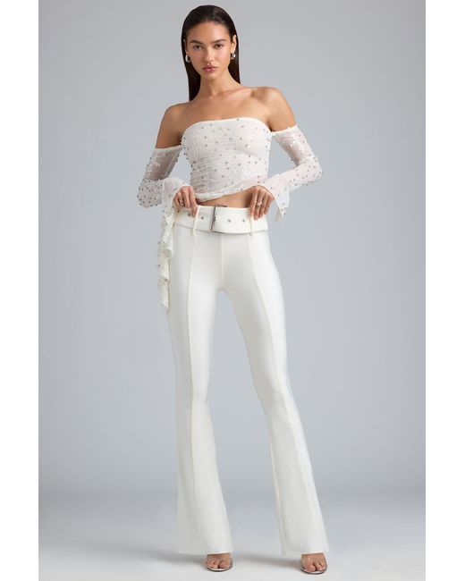 Oh Polly White Metallic Belted Mid-Rise Flared Trousers