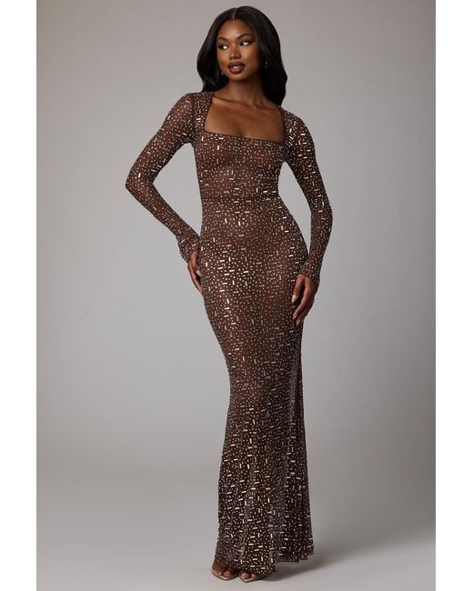 Oh Polly Brown Sheer Embellished Long Sleeve Evening Gown