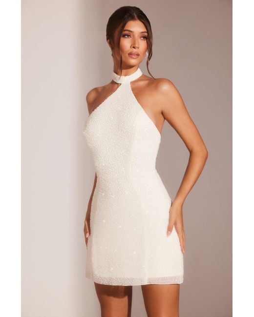 Oh Polly White Embellished Asymmetric Neck A-Line Mini Dress