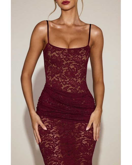 Oh Polly Red Sheer Lace Square-Neck Ruched Gown