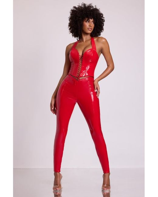 Oh Polly Red Vinyl High V-Waist Leggings