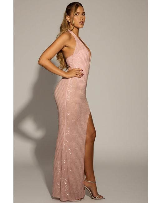 Oh Polly Pink Embellished Halterneck Corset Gown
