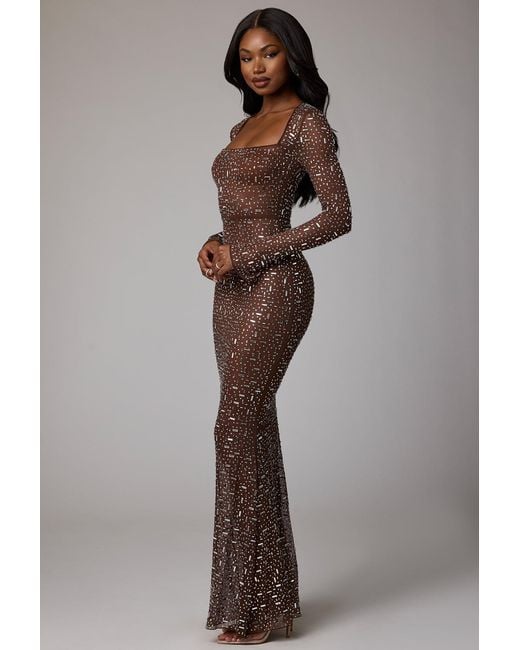 Oh Polly Brown Sheer Embellished Long Sleeve Evening Gown
