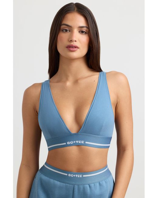 BO+TEE Blue Stretch Cotton Jersey Plunge-Neck Crop Top