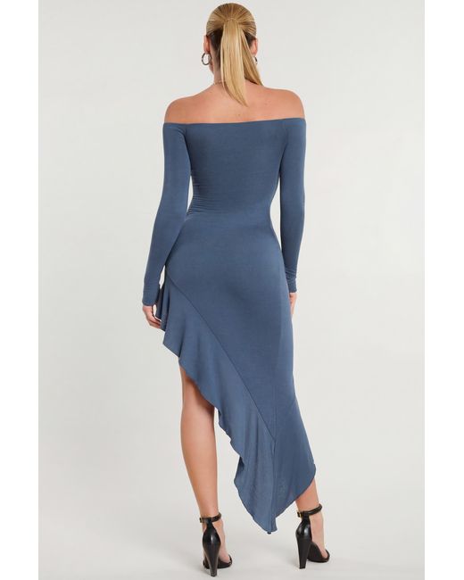 Oh Polly Blue Long Sleeve Off-The-Shoulder Modal Cashmere Blend Maxi Dress