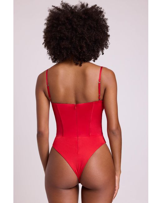 Oh Polly Red Satin Plunge Neck Lace Up Corset Bodysuit