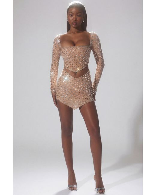 Oh Polly Natural Embellished Asymmetric Mid-Rise Mini Skirt