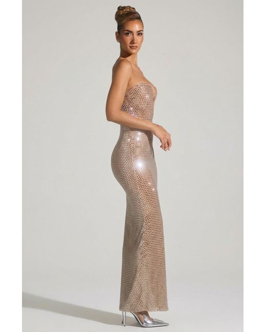Oh Polly Natural Embellished Strapless Plunge Gown