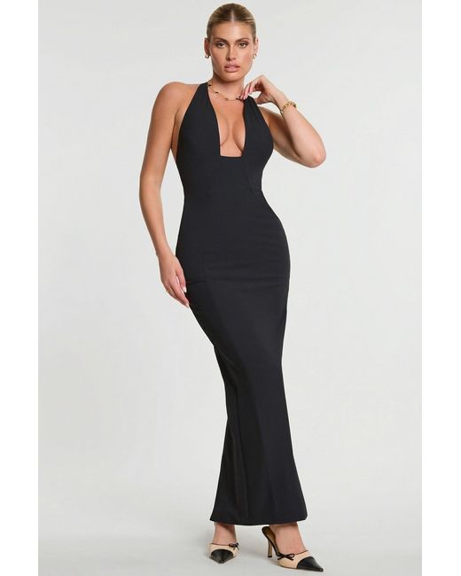Oh Polly Black Woven Twill Halter Neck Plunge Maxi Dress