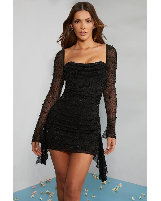 Oh Polly Black Long Sleeve Embellished Cowl Neck Mini Dress