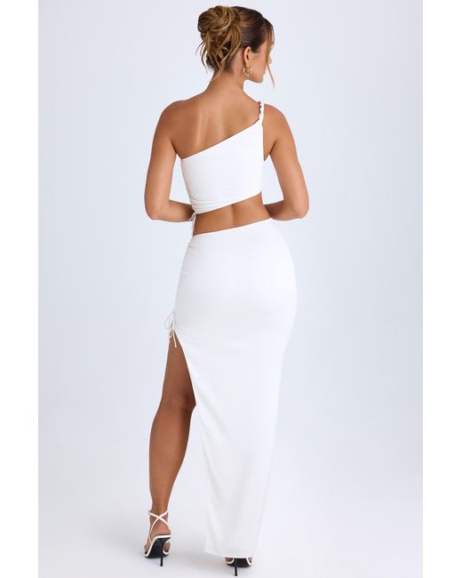 Oh Polly White Ruched Asymmetric-Waist Maxi Skirt
