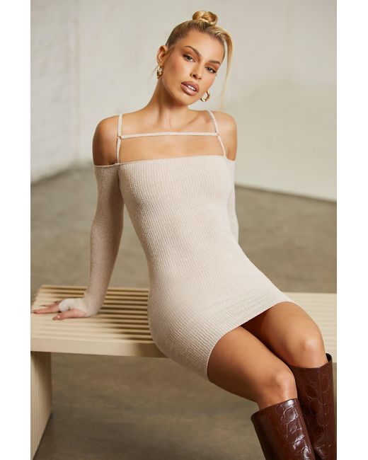 Oh Polly Natural Cold Shoulder Long Sleeve Mini Dress