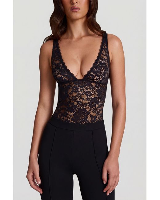 Oh Polly Black Sheer Lace Scalloped Plunge-Neck Bodysuit