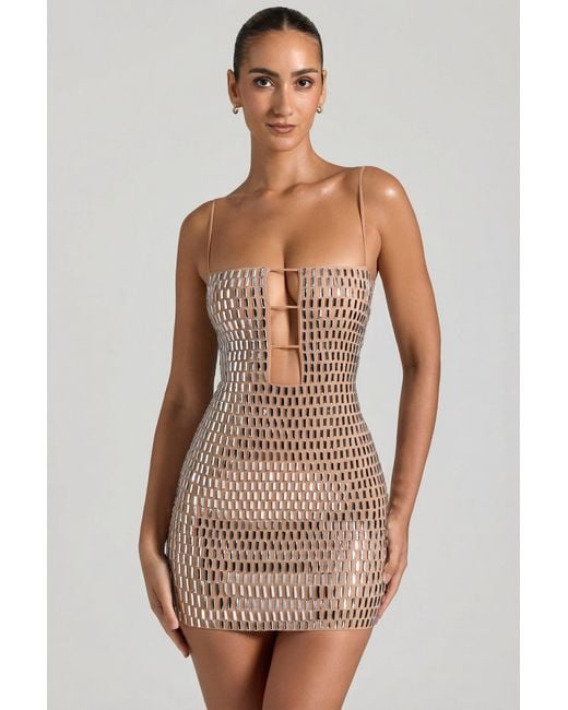 Oh Polly Natural Embellished Cut-Out Mini Dress