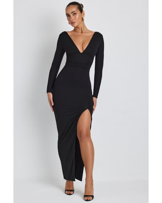 Oh Polly Black Modal Plunge Neck Long Sleeve Maxi Dress