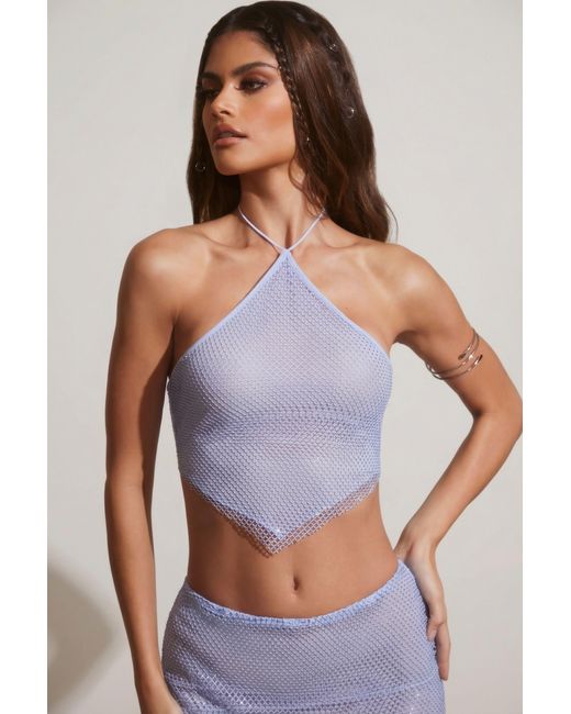Oh Polly Blue Embellished Open Back Crop Top
