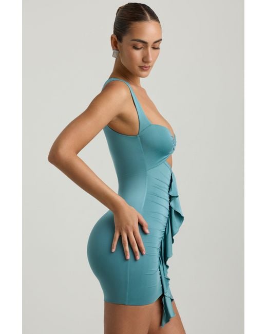 Oh Polly Green Slinky Jersey Cut-Out Ruffle-Trim Mini Dress