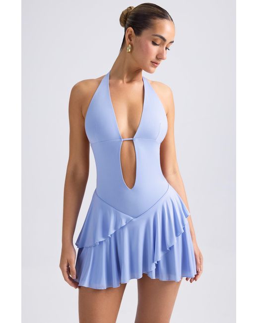 Oh Polly Blue Ruffled Cut-Out Halterneck Mini Dress