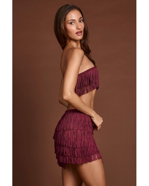 Oh Polly Red Fringed Bandeau Lace-Up Crop Top