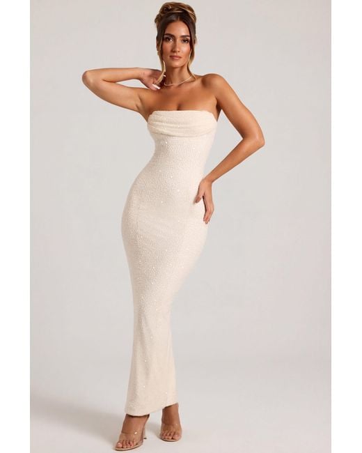 Oh Polly White Embellished Bandeau Cowl Neck Maxi Dress