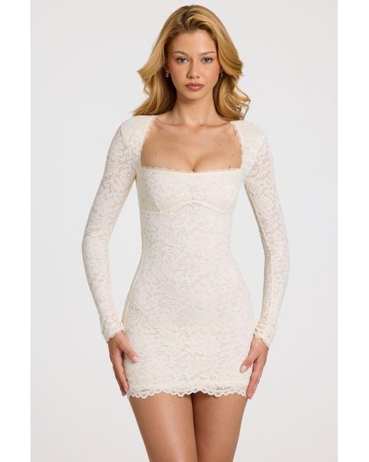 Oh Polly White Scalloped-Lace Long-Sleeve Mini Dress