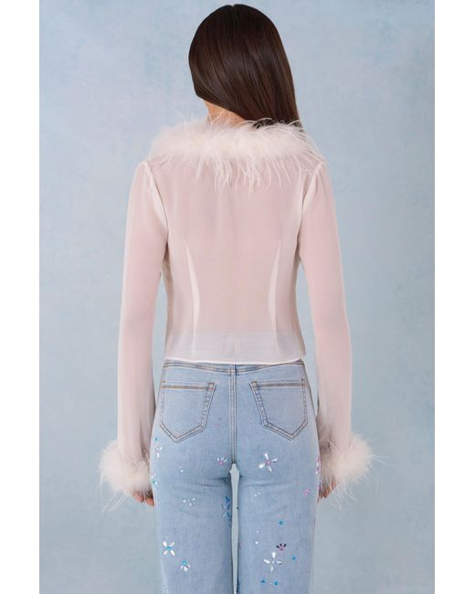 Oh Polly White Feather Trim Sheer Top