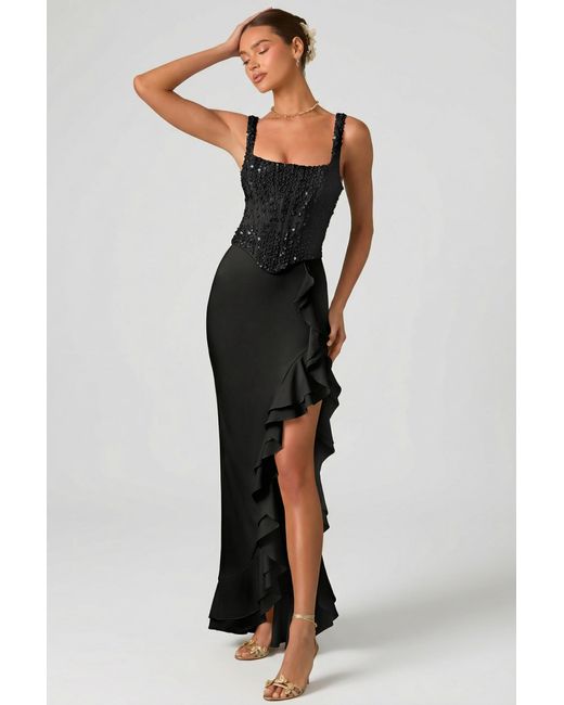 Oh Polly Black Embellished Ruffle-Trim Corset Gown