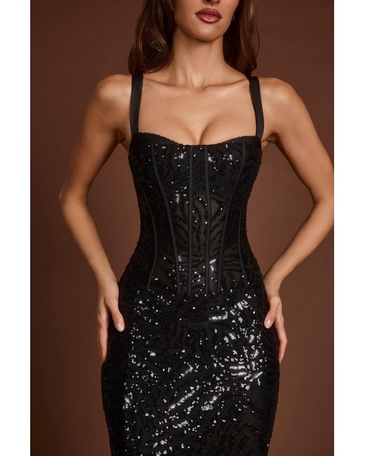 Oh Polly Black Embellished Peekaboo Corset Midaxi Dress
