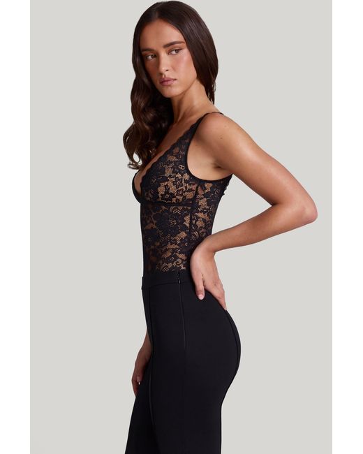 Oh Polly Black Sheer Lace Scalloped Plunge-Neck Bodysuit
