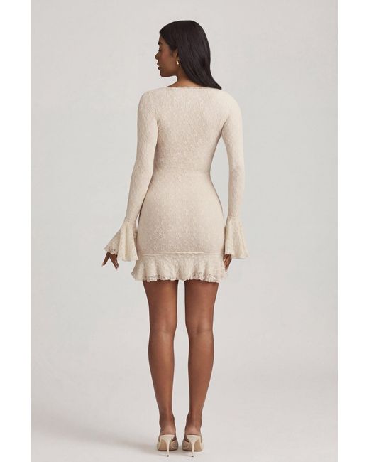Oh Polly White Long-Sleeve Ruffled Lace Mini Dress