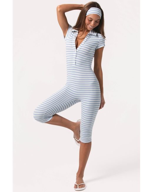 Women's Blue Ribbed Jersey Capri Jumpsuit