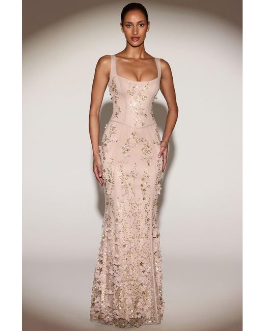 Women's Metallic Embellished Appliqué Soft-Scoop Corset Gown