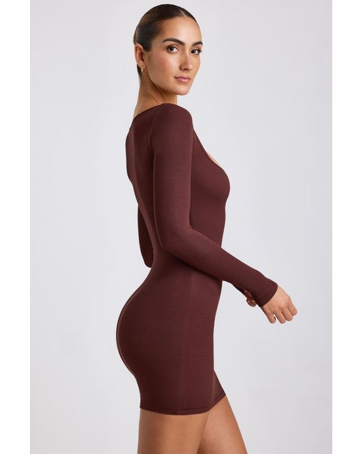 Oh Polly Brown Ribbed Modal Long Sleeve Mini Dress