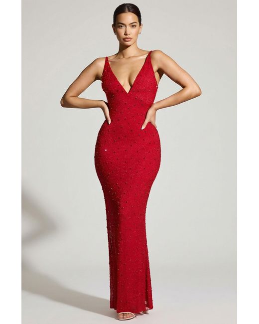 Oh Polly Red Embellished Plunge Neck Evening Gown