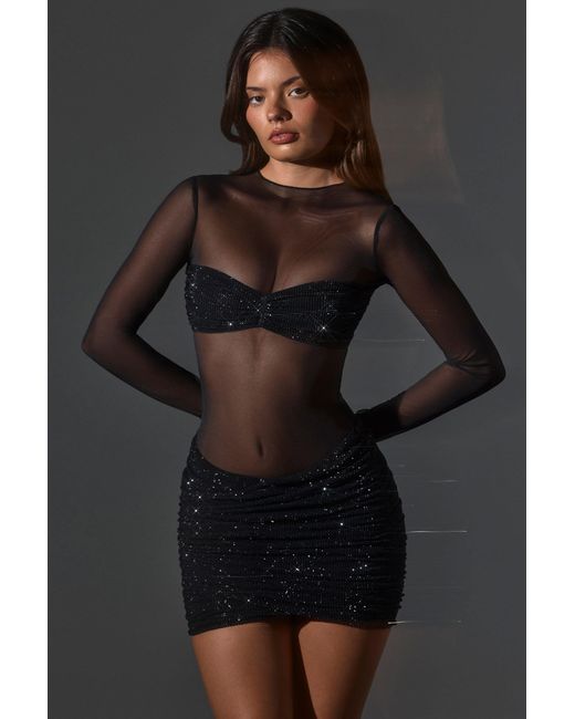 Oh Polly Black Sheer Embellished High-Neck Long Sleeve Mini Dress