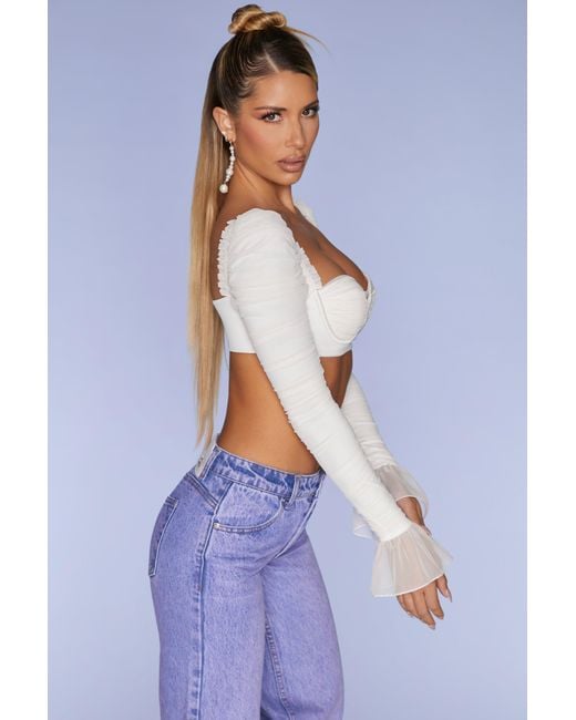 Oh Polly White Long Sleeve Ruched Crop Top