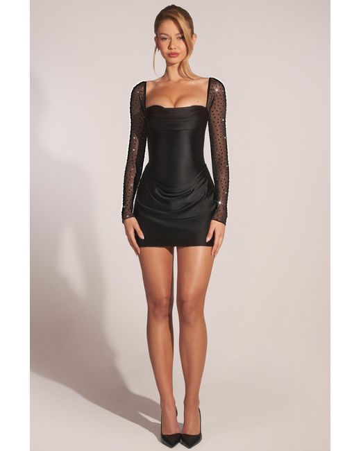 Oh Polly Black Embellished Long-Sleeve Draped Mini Dress