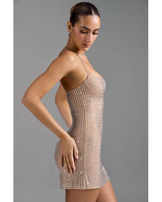 Oh Polly Natural Embellished Halterneck A-Line Mini Dress