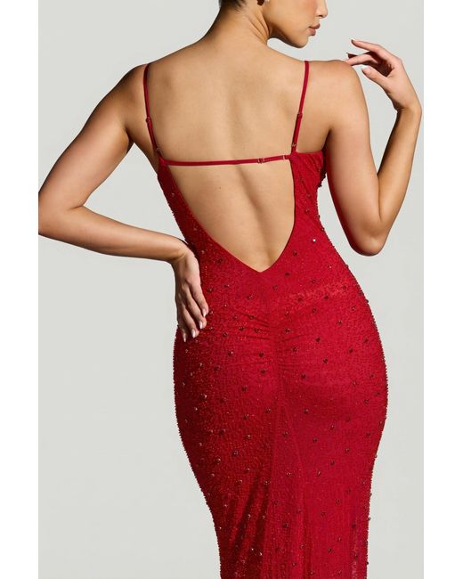 Oh Polly Red Embellished Plunge Neck Evening Gown